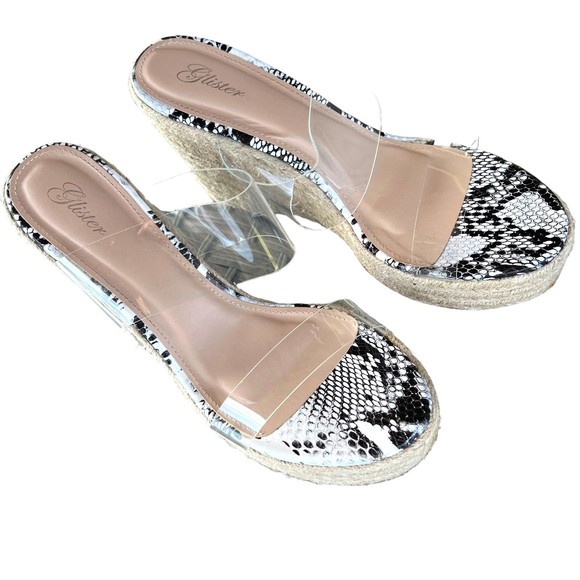 Glister Blackwhite Snake Skin Clear Wedge Sandals Women’s Size 10 - Picture 10 of 10